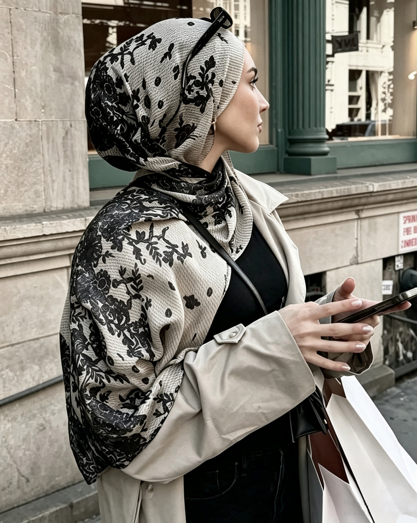 Woman in beige trench coat and black floral hijab using phone on city street