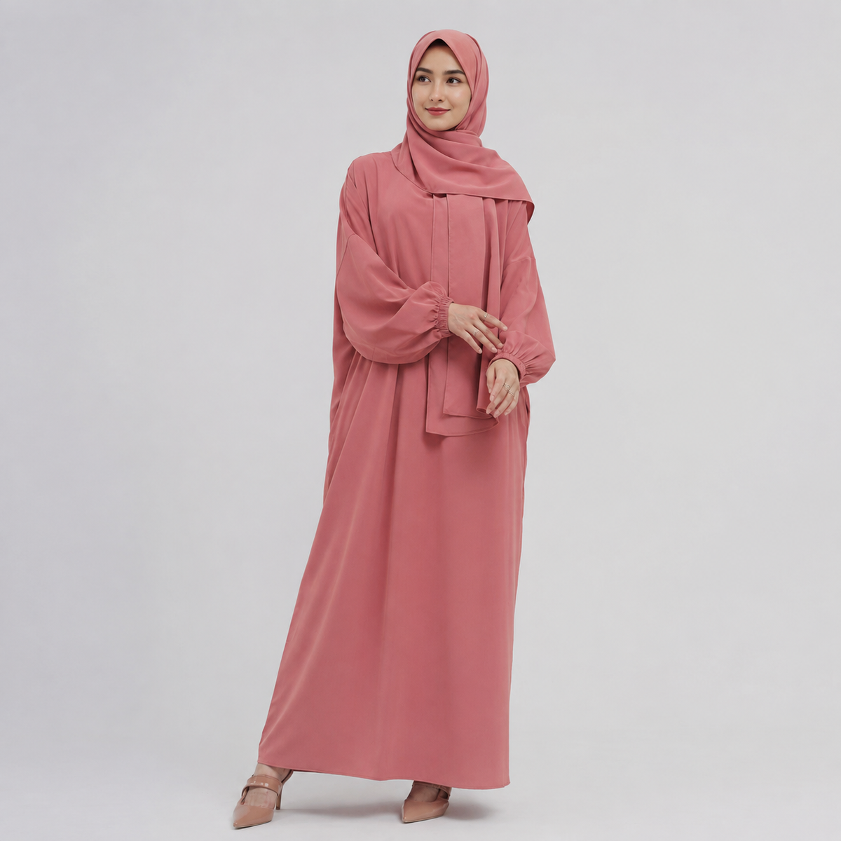 Basic Closed Abaya with Attached Hijab - Dusty pink - full length modest maxi dress