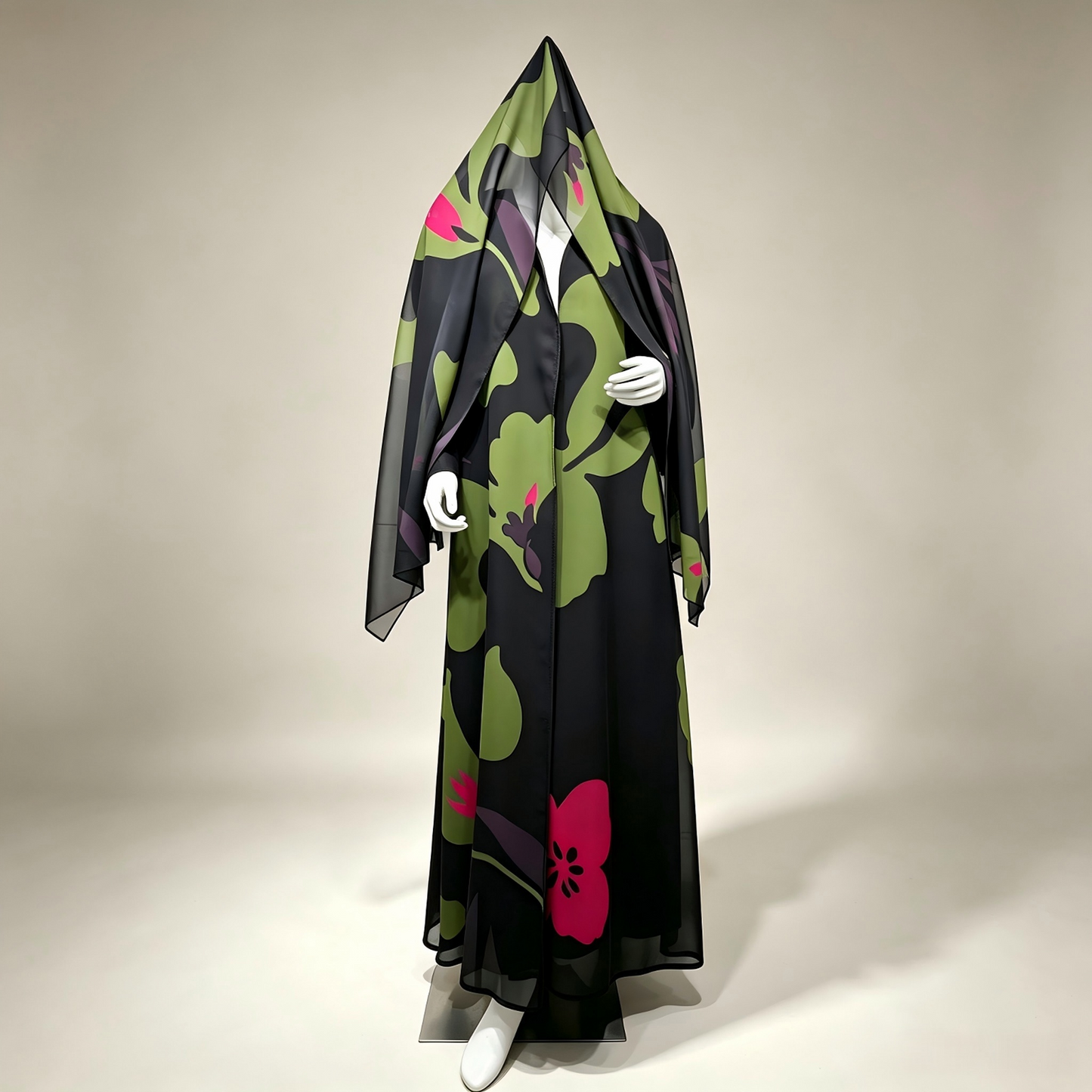 Additional angle of green chiffon print abaya with hijab set
