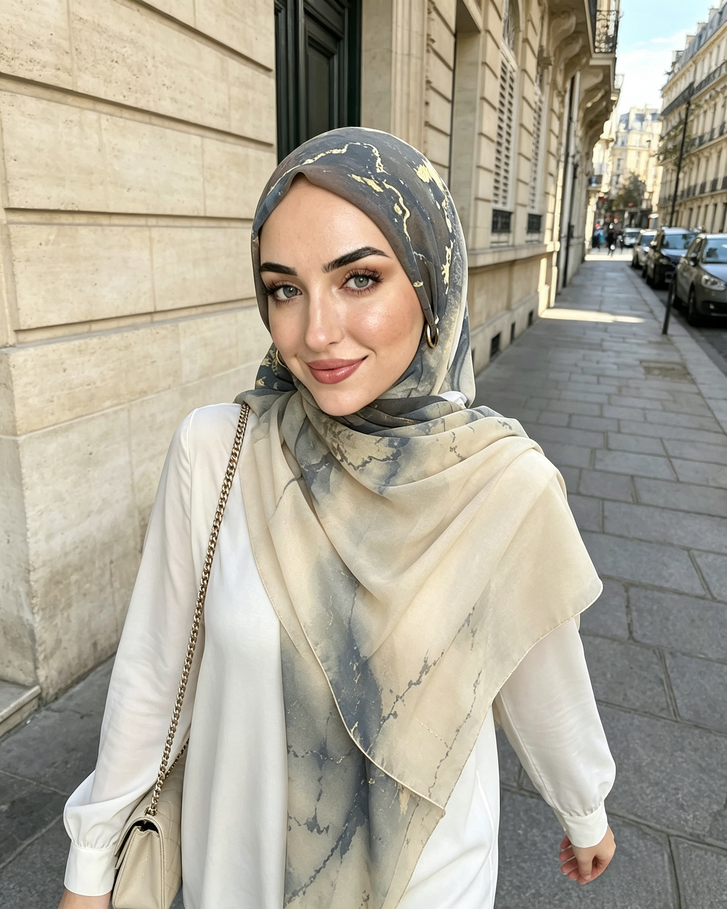 Grey Blue Gold Foil Marble Hijab Shawl – Luxury Ombre Modest Head Scarf (80×180cm) - product image 5 of 8 | Lunar Elegance
