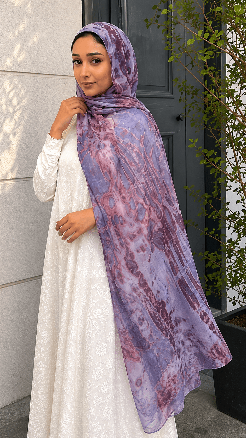 Lavender Grey Rose Brown Crackle Shibori hijab shawl - view 4