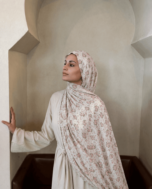Ivory Rose Floral Mercerized Cotton Hijab | Lunar Elegance