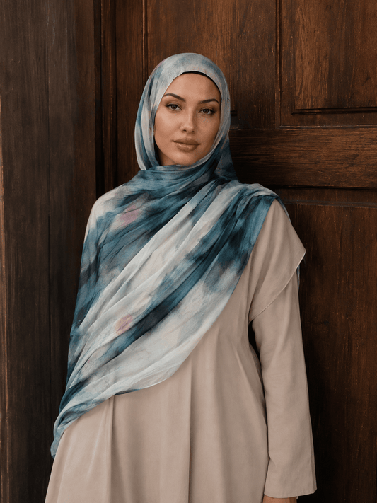 Deep Teal Marble Mercerized Cotton Hijab | Lunar Elegance