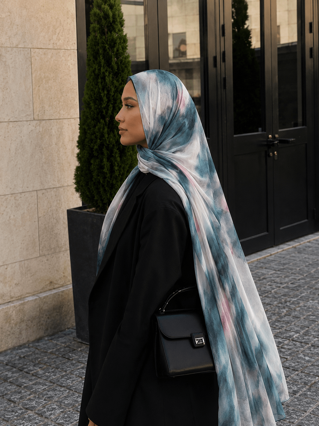 Deep Teal Marble Mercerized Cotton Hijab | Lunar Elegance