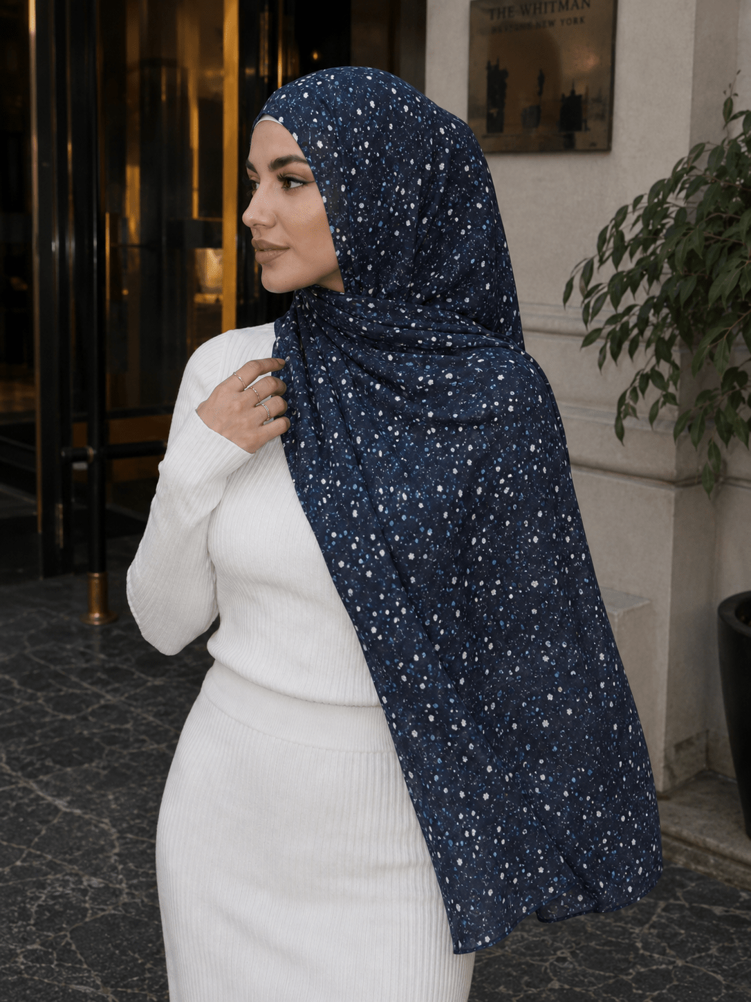 Deep Navy Speckle Mercerized Cotton Hijab | Lunar Elegance