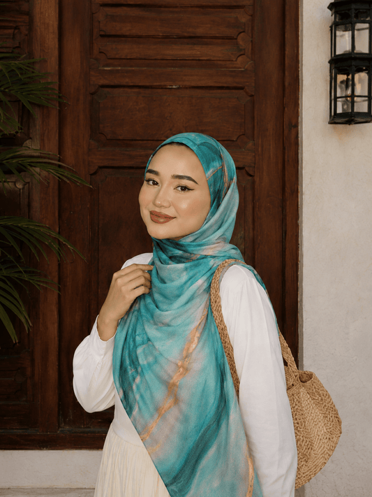Aqua Copper Marble Mercerized Cotton Hijab | Lunar Elegance
