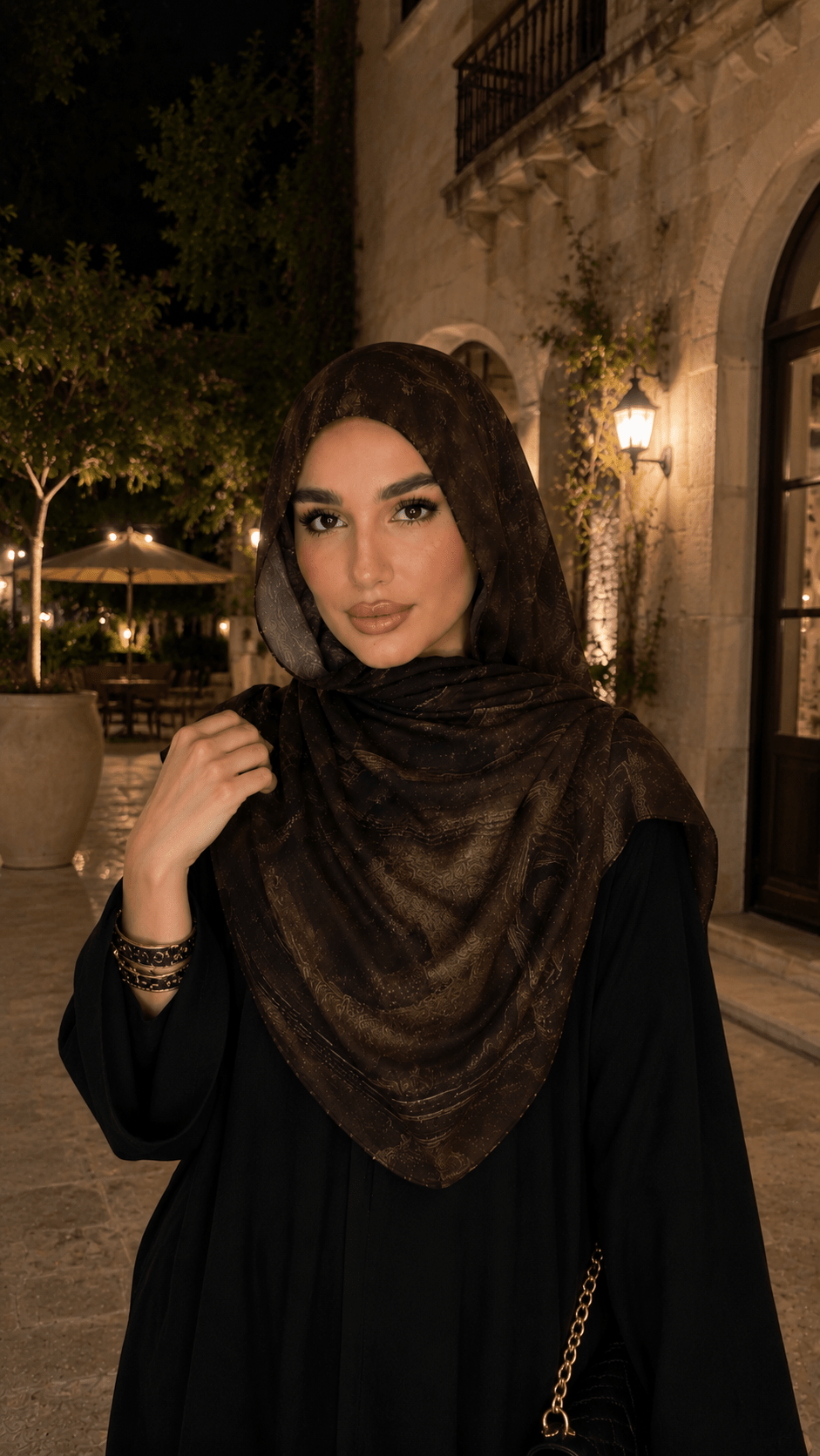 Dark Brown Gold Metallic Flow hijab shawl - view 7