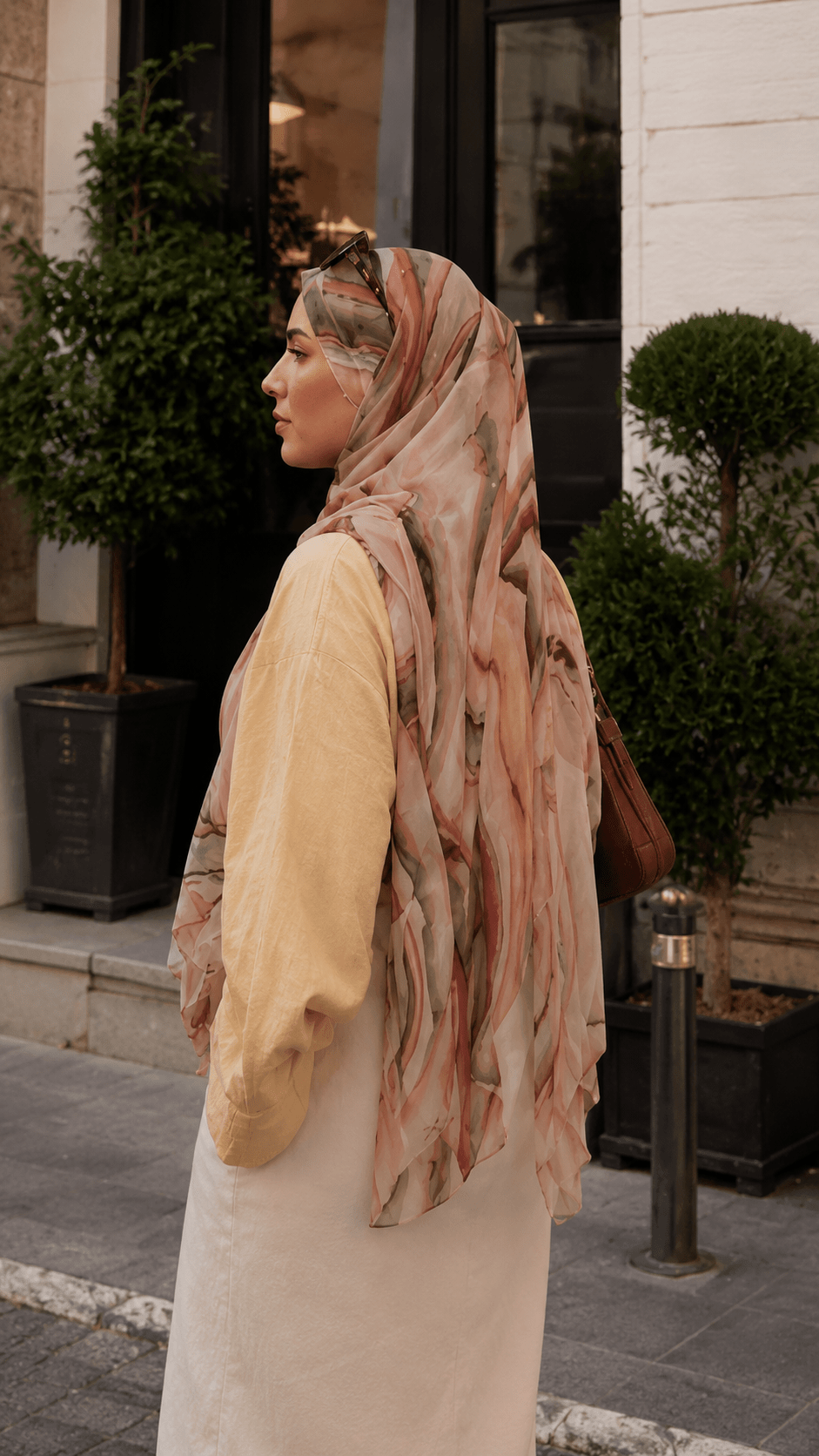 Camel Brown Black Swirl Marble hijab shawl - view 5