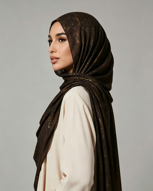 Dark Brown Gold Metallic Flow Hijab Shawl – Watercolor Modest Head Scarf (80×180cm) - product image 1 of 9 | Lunar Elegance