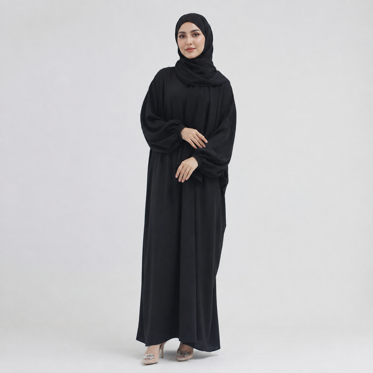 Basic Closed Abaya with Attached Hijab - Black - full length modest maxi dress
