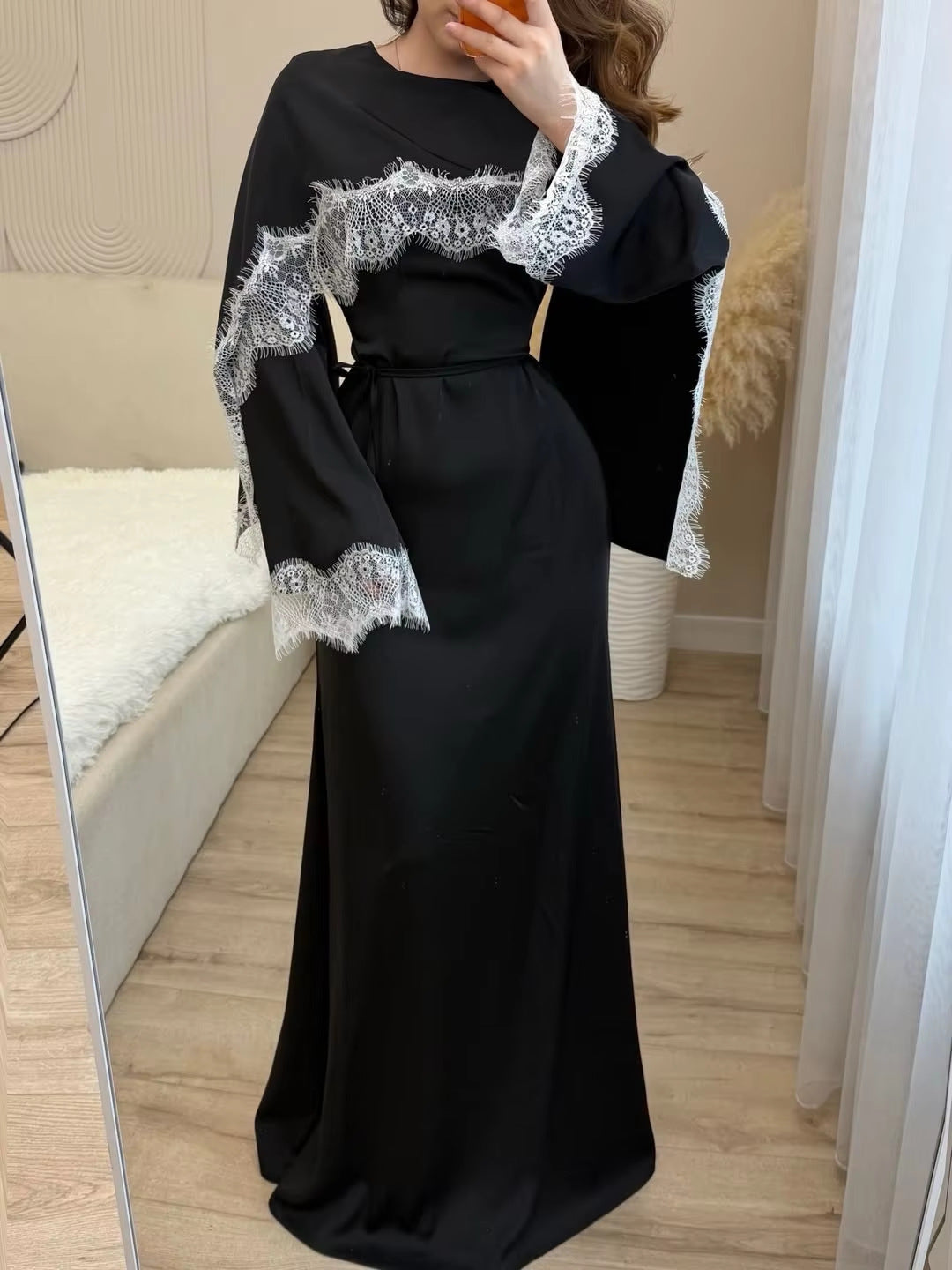 Lace Panel Cape Sleeve Modest Maxi Dress - Elegant Viscose Long Gown