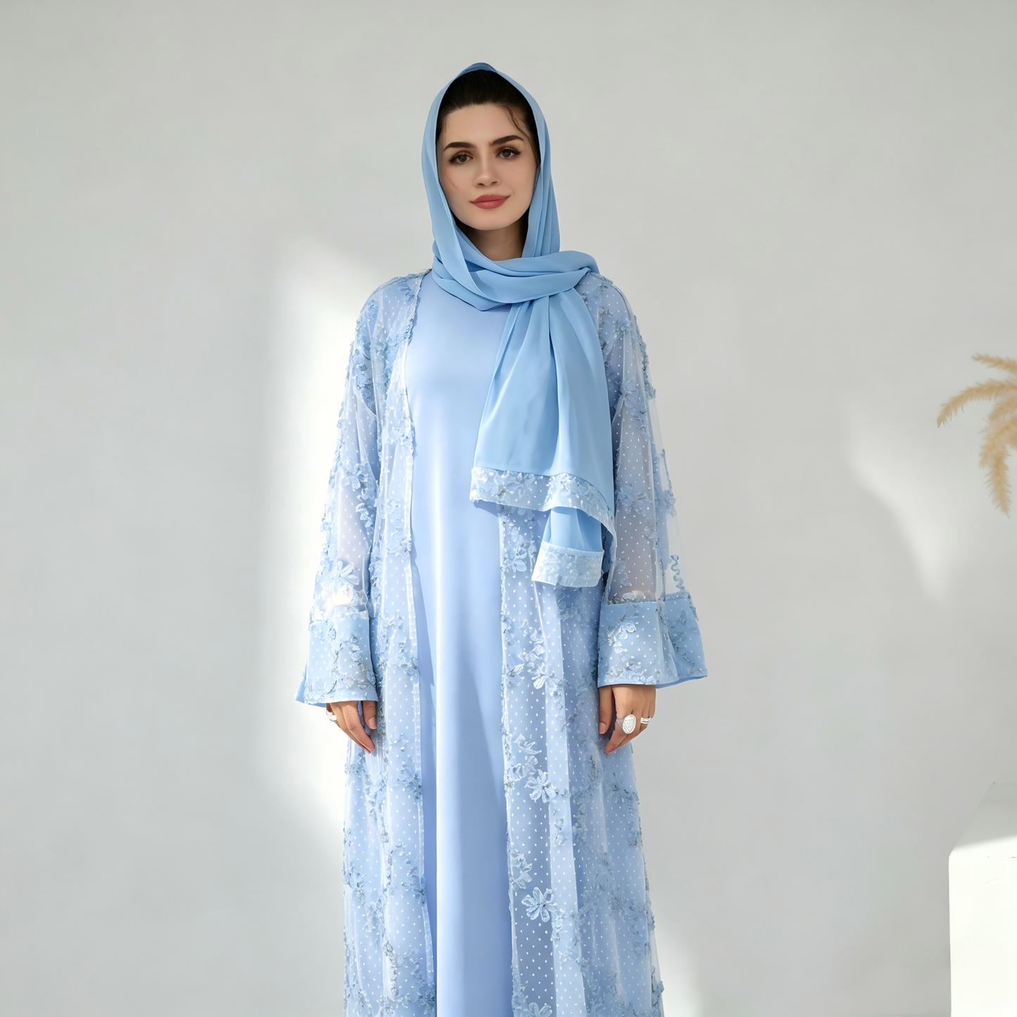 Elegant Mesh Cardigan Abaya and Hijab Set