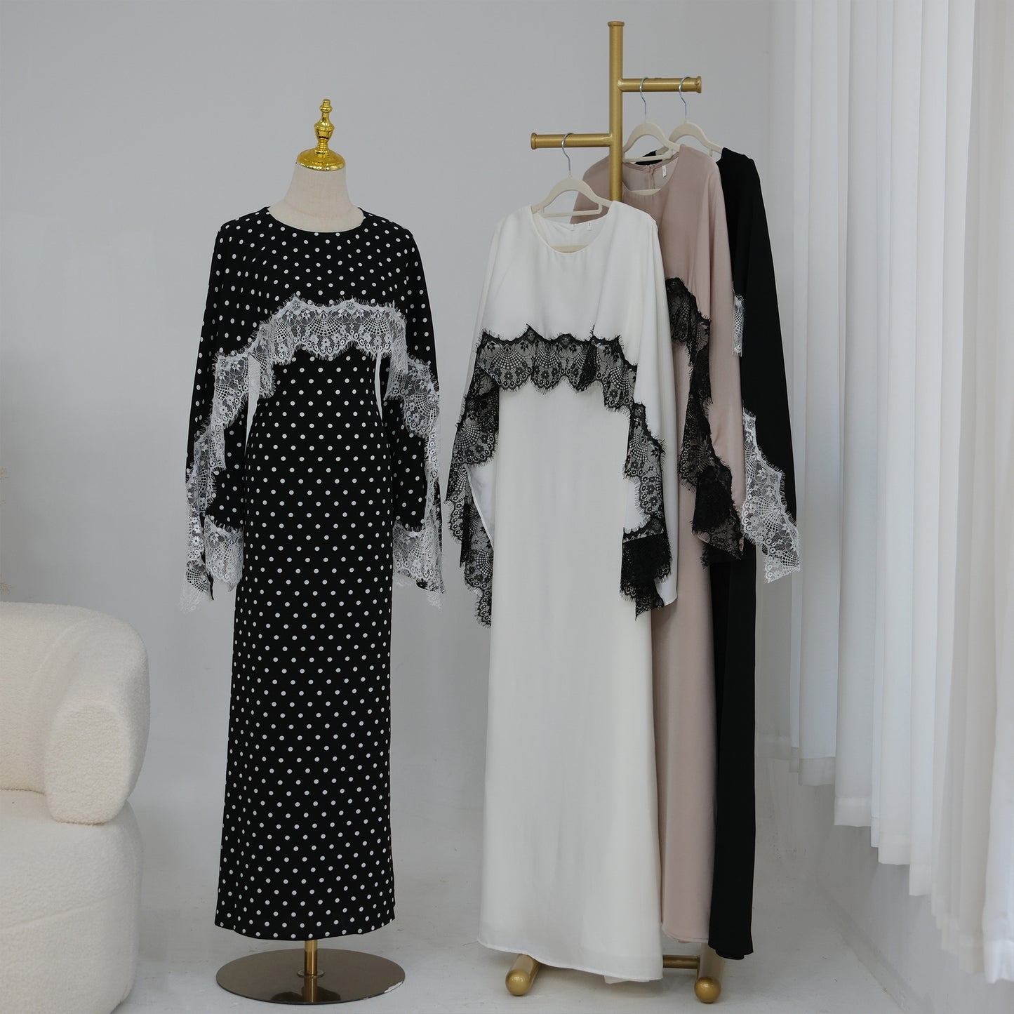 Lace Panel Cape Sleeve Modest Maxi Dress - Elegant Viscose Long Gown