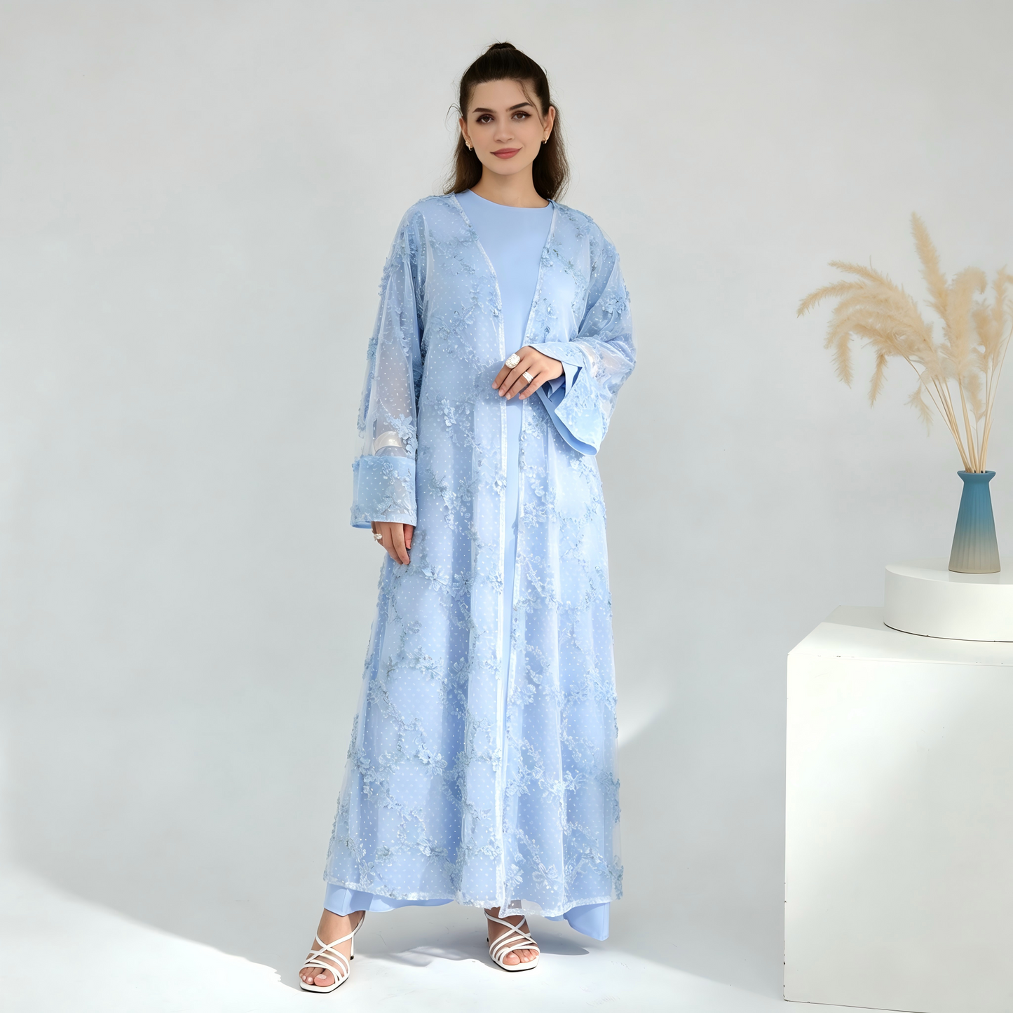 Elegant Mesh Cardigan Abaya and Hijab Set