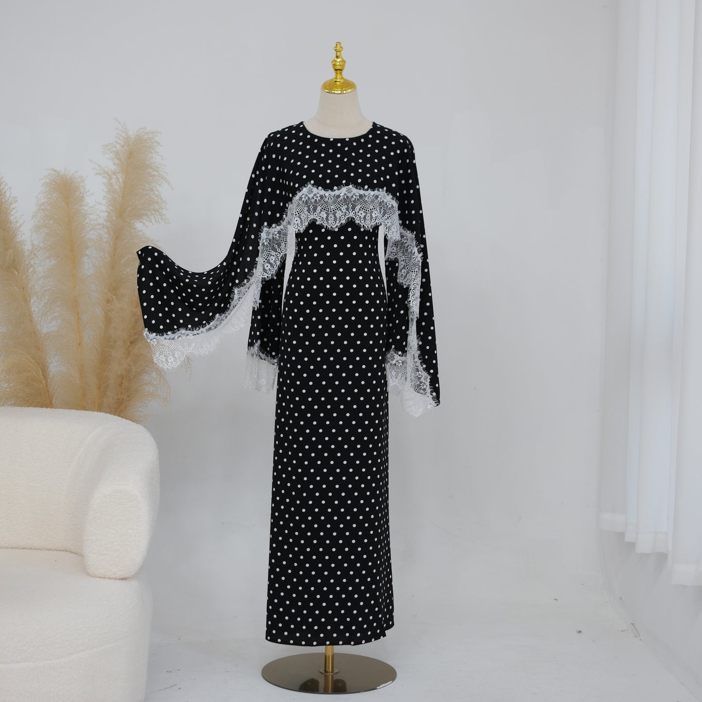Lace Panel Cape Sleeve Modest Maxi Dress - Elegant Viscose Long Gown