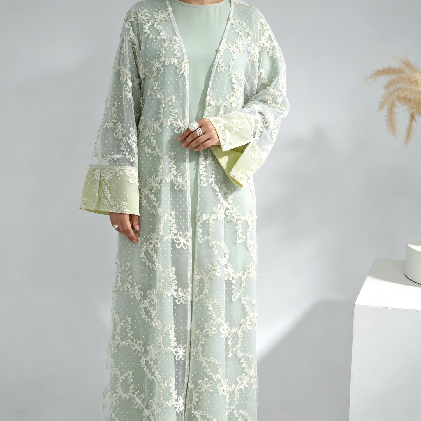 Elegant Mesh Cardigan Abaya and Hijab Set