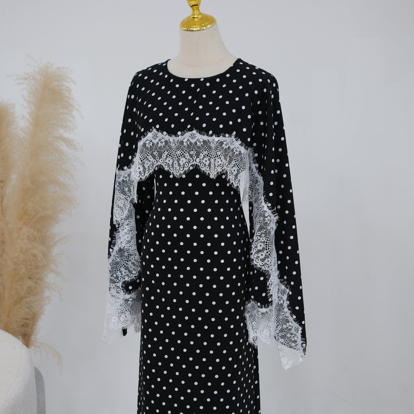 Lace Panel Cape Sleeve Modest Maxi Dress - Elegant Viscose Long Gown