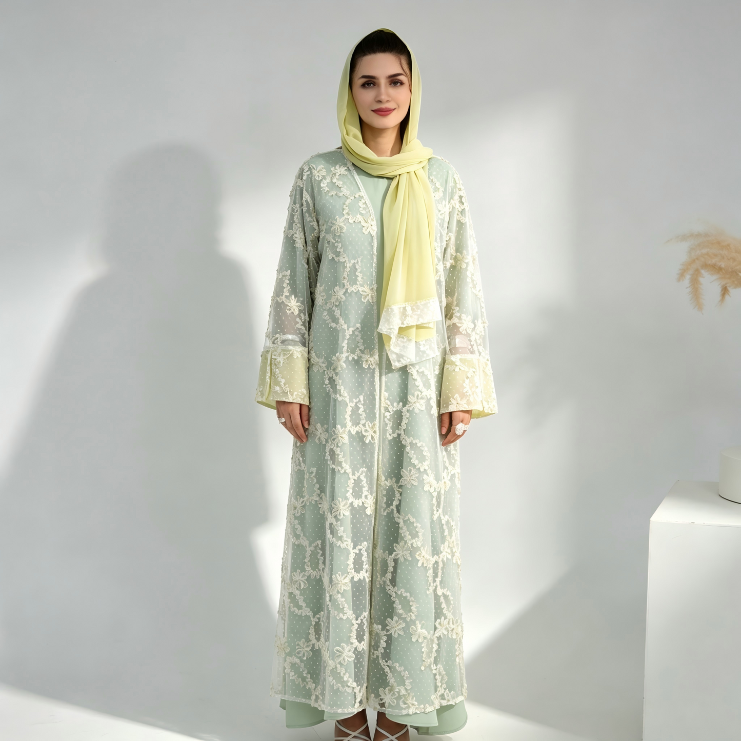 Elegant Mesh Cardigan Abaya and Hijab Set