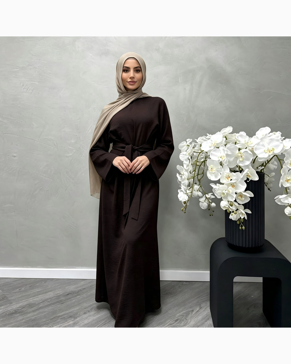 Solid color cotton belted maxi dress in elegant cut - modest long sleeve abaya dress for women