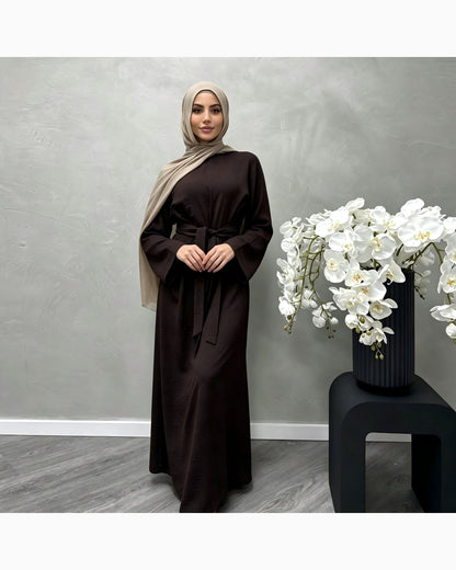 Solid color cotton belted maxi dress in elegant cut - modest long sleeve abaya dress for women