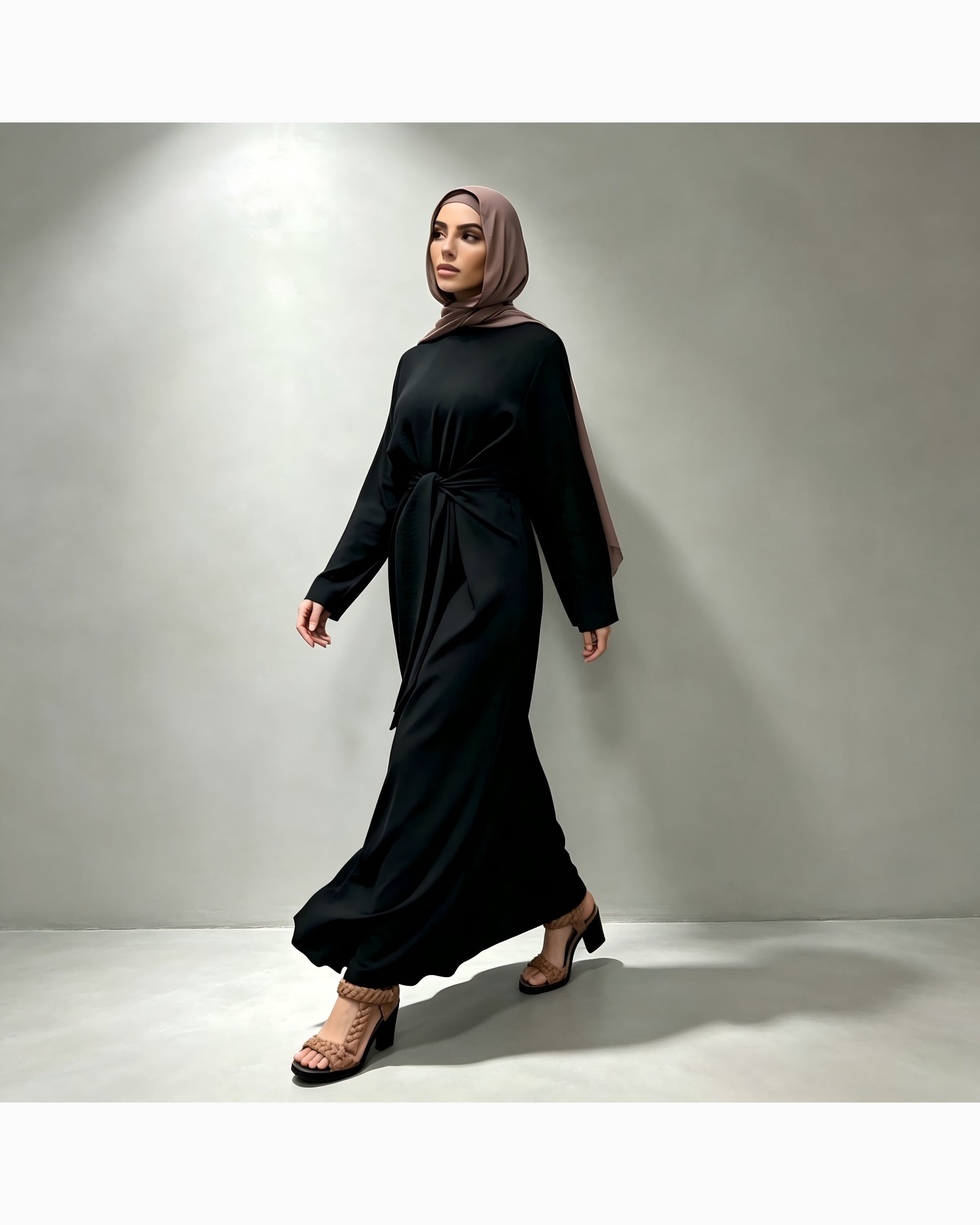 Solid color cotton belted maxi dress in black - modest long sleeve dress for women