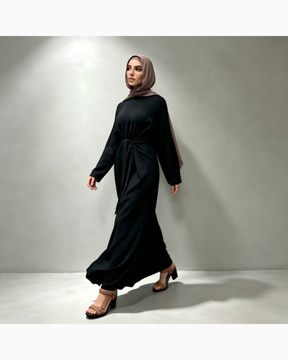 Solid color cotton belted maxi dress in black - modest long sleeve dress for women
