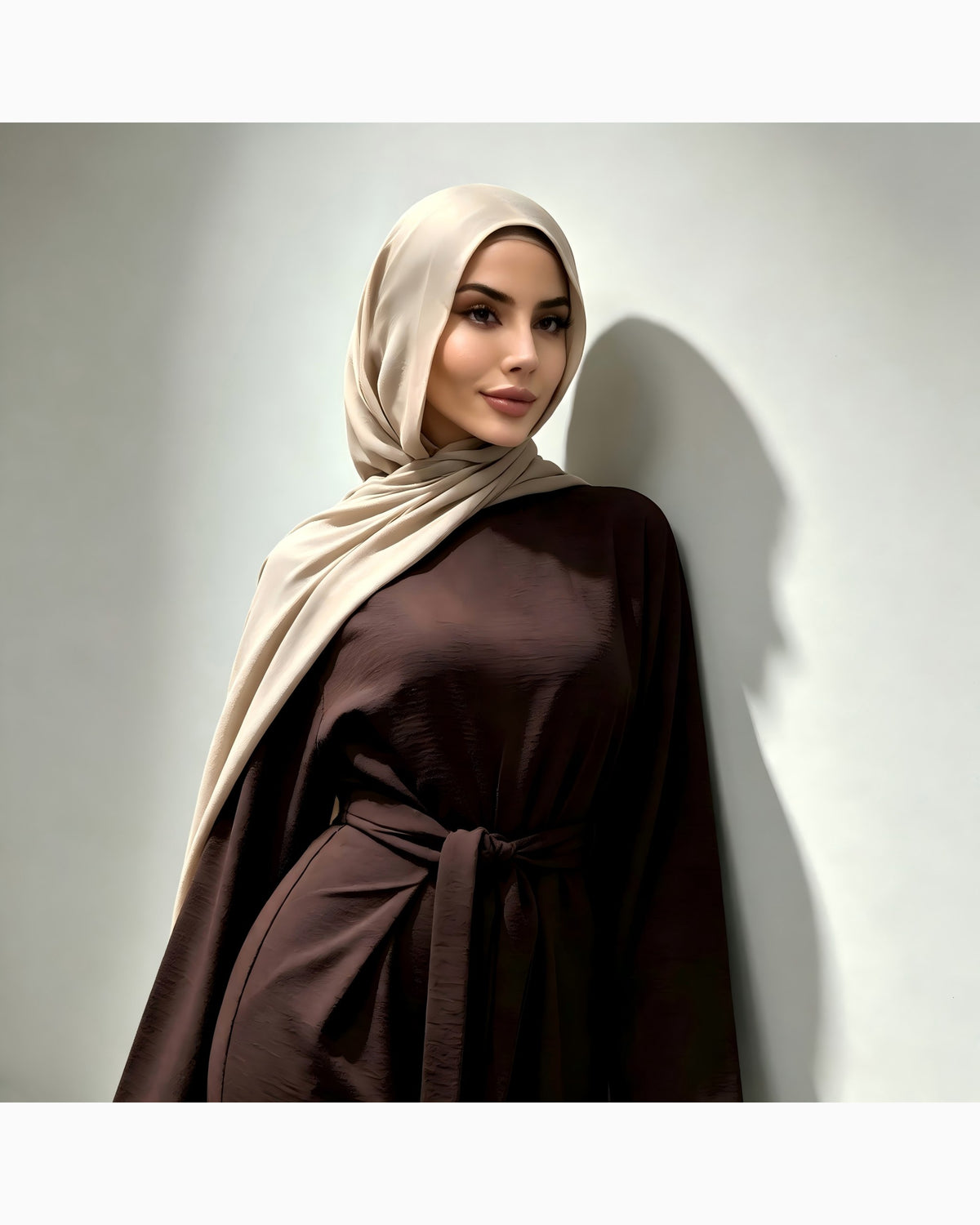 Solid color cotton belted maxi dress in elegant cut - modest long sleeve abaya dress for women