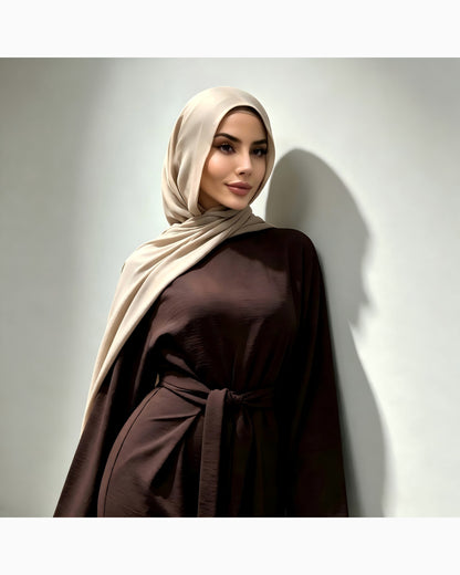 Solid color cotton belted maxi dress in elegant cut - modest long sleeve abaya dress for women
