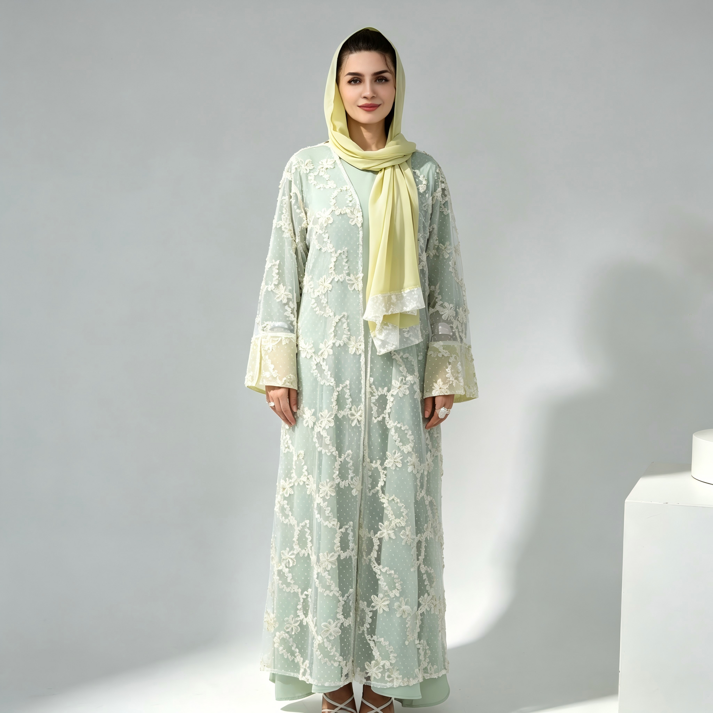Elegant Mesh Cardigan Abaya and Hijab Set