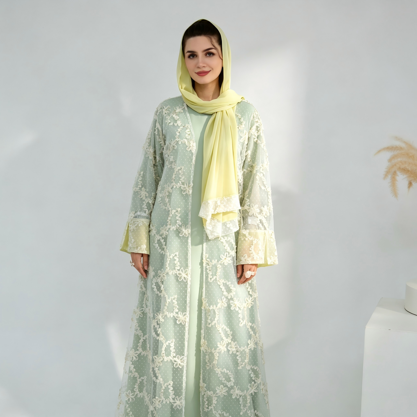 Elegant Mesh Cardigan Abaya and Hijab Set