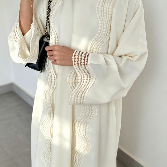 Floral viscose two-piece abaya set - cardigan and inner maxi dress in purple - modest Islamic outfit for women