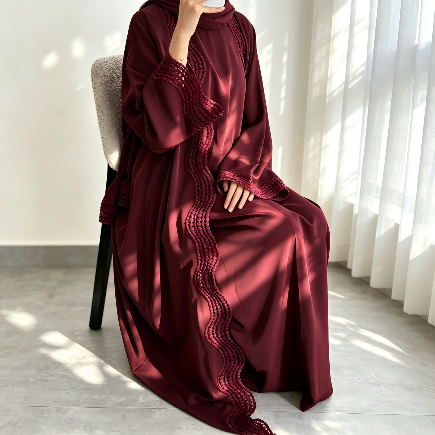 Floral Viscose Two-Piece Abaya Set - Cardigan & Inner Maxi Dress