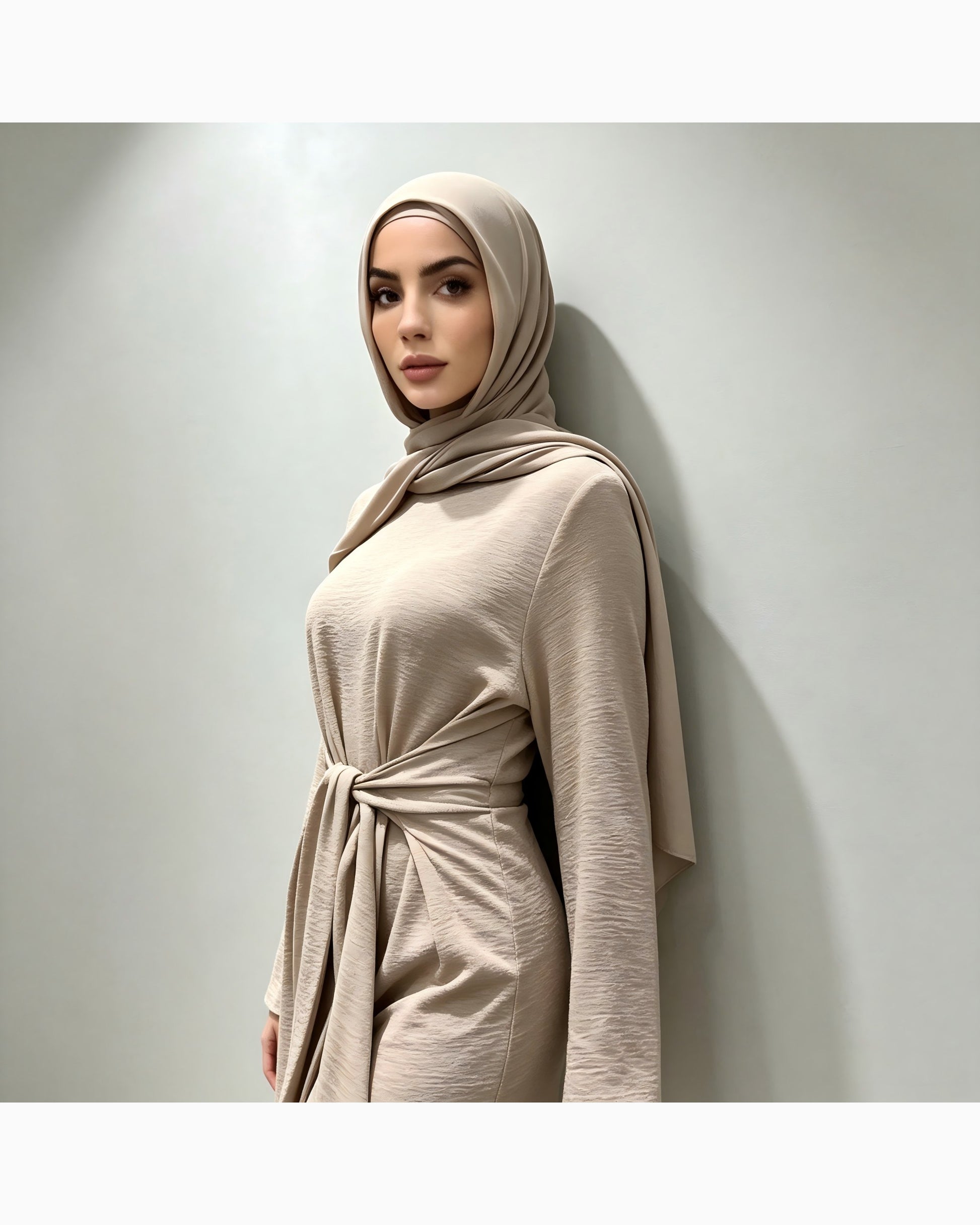 Solid color cotton belted maxi dress in elegant cut - modest long sleeve abaya dress for women
