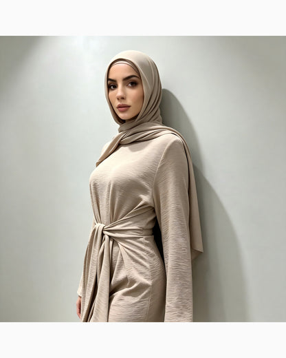 Solid color cotton belted maxi dress in elegant cut - modest long sleeve abaya dress for women
