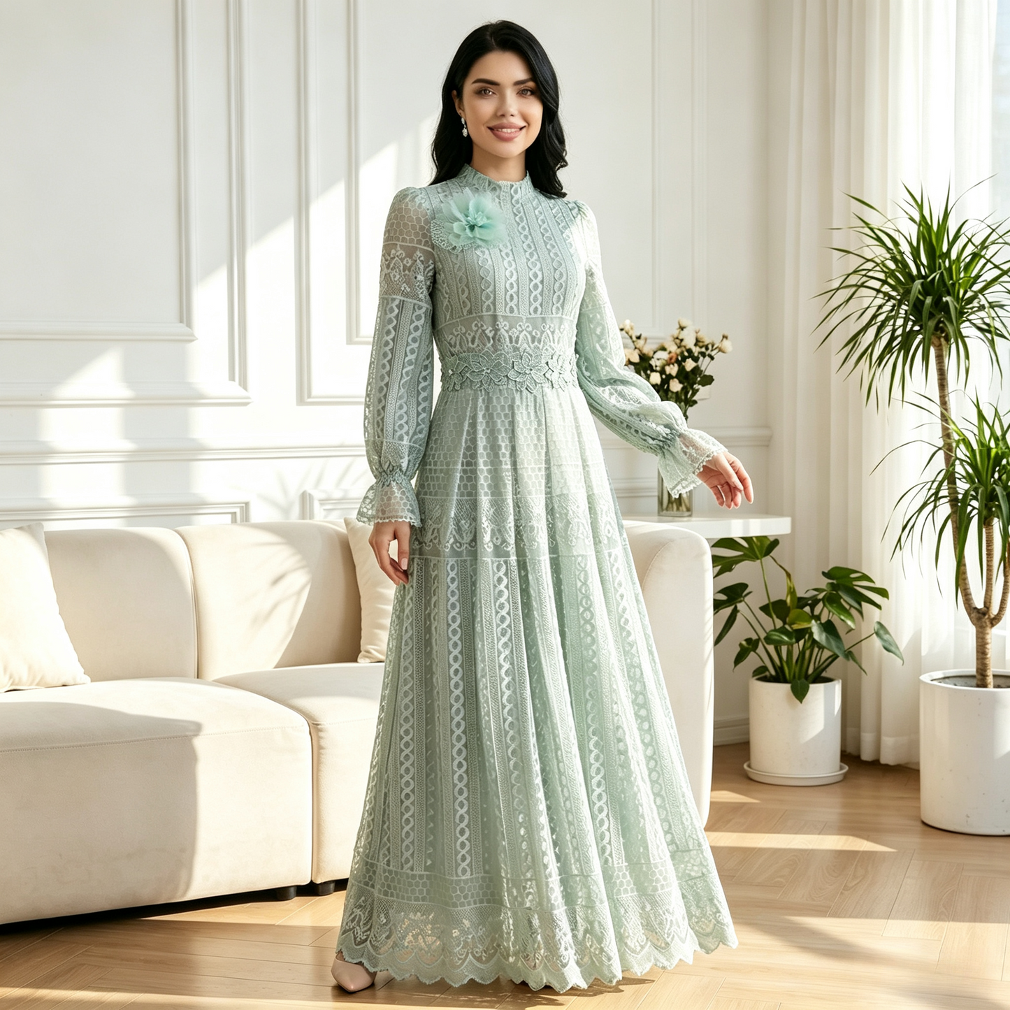 Elegant Embroidered Double Layer Abaya Dress - Luxury Modest Maxi Gown