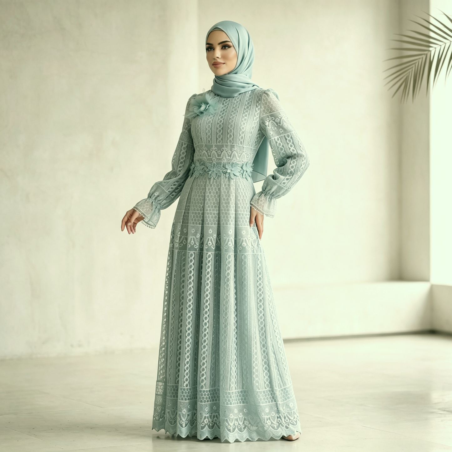 Elegant Embroidered Double Layer Abaya Dress - Luxury Modest Maxi Gown