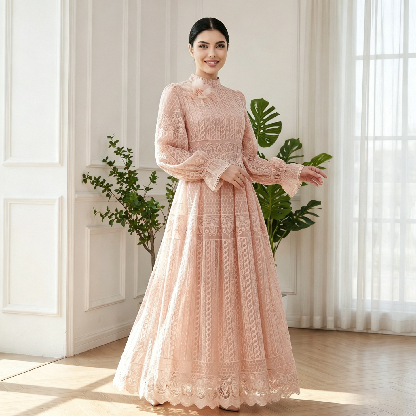 Elegant Embroidered Double Layer Abaya Dress - Luxury Modest Maxi Gown