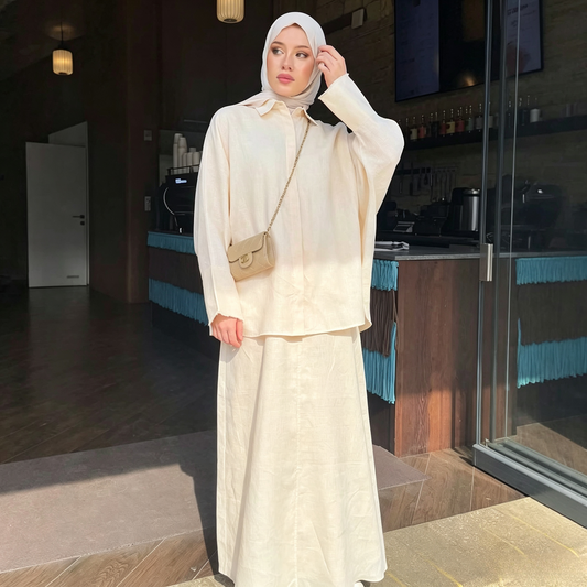 Cotton retro lapel cardigan and long skirt set in apricot - modest 2-piece outfit for everyday wear