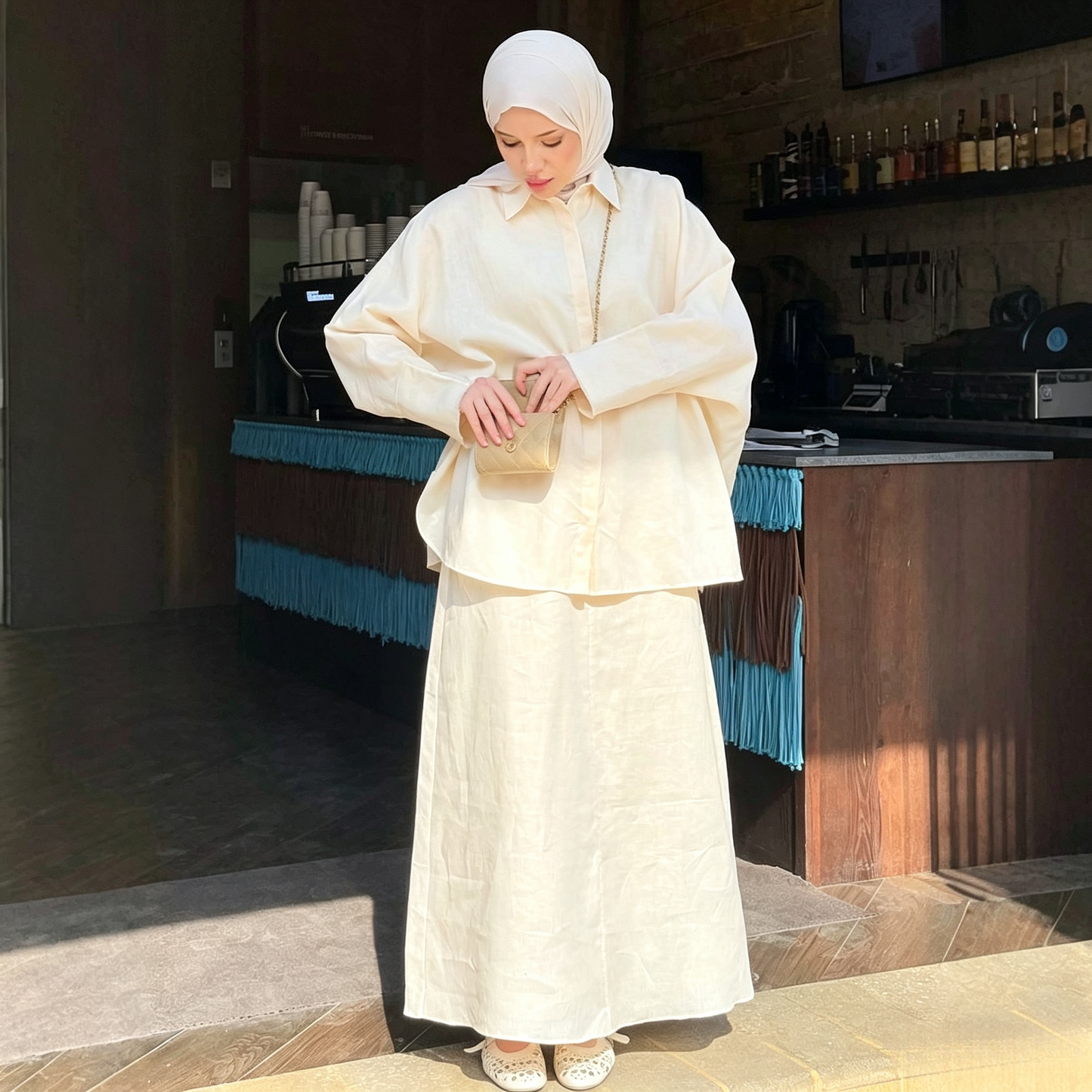 Cotton Retro Lapel Cardigan & Long Skirt Set - Modest 2-Piece Outfit