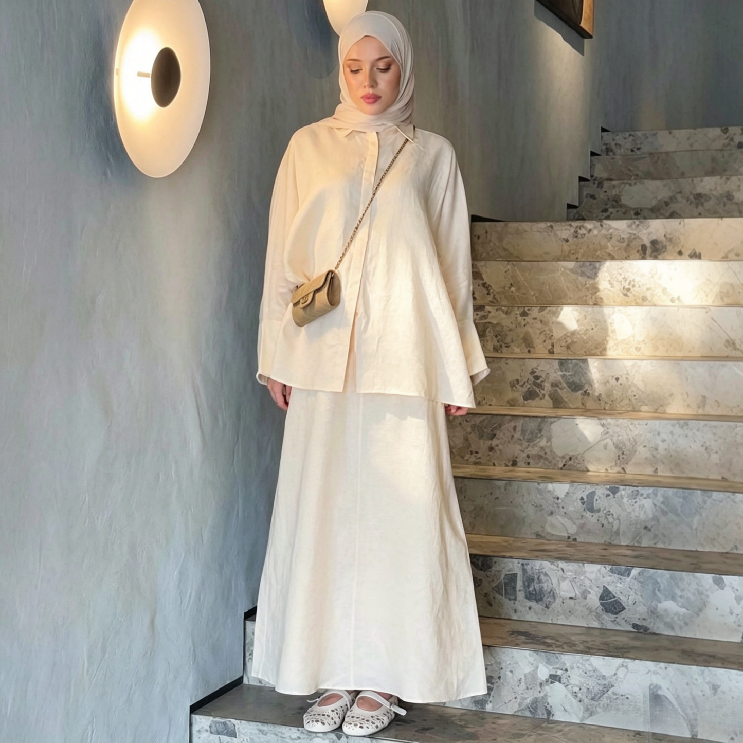 Cotton Retro Lapel Cardigan & Long Skirt Set - Modest 2-Piece Outfit