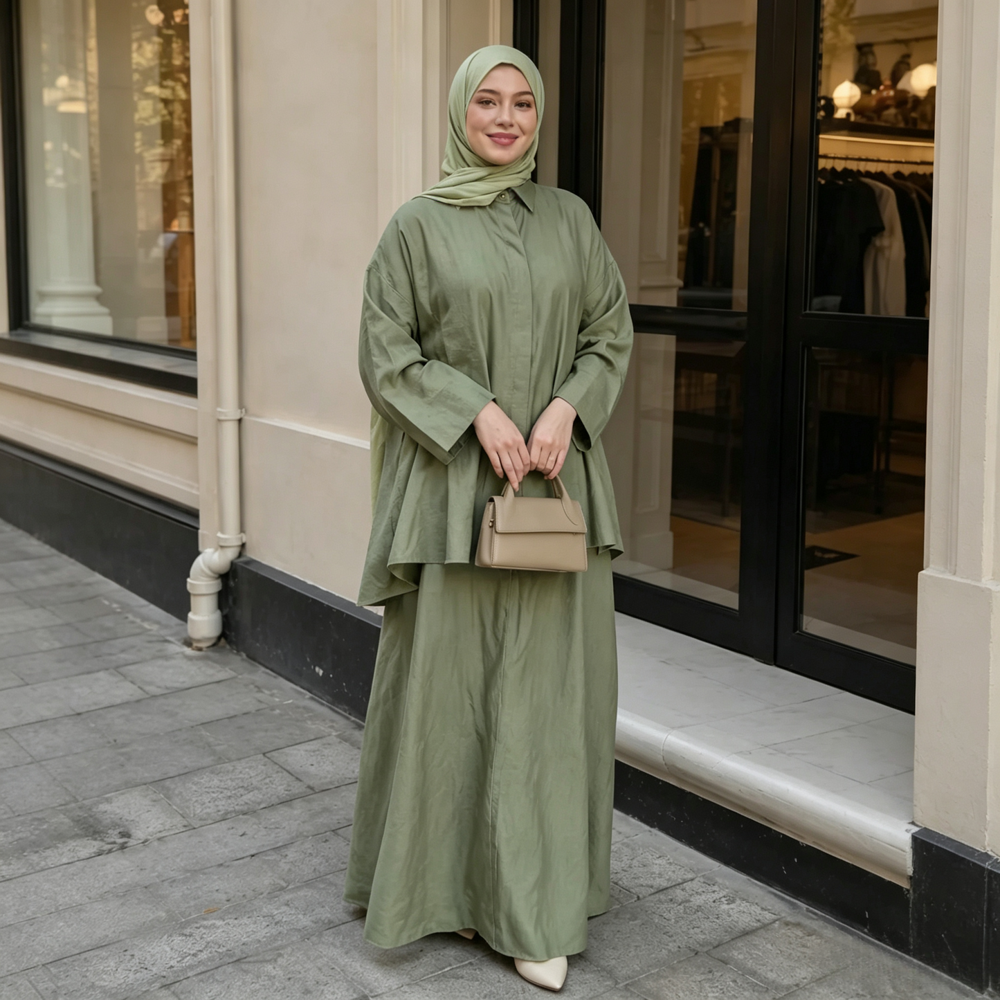 Cotton Retro Lapel Cardigan & Long Skirt Set - Modest 2-Piece Outfit
