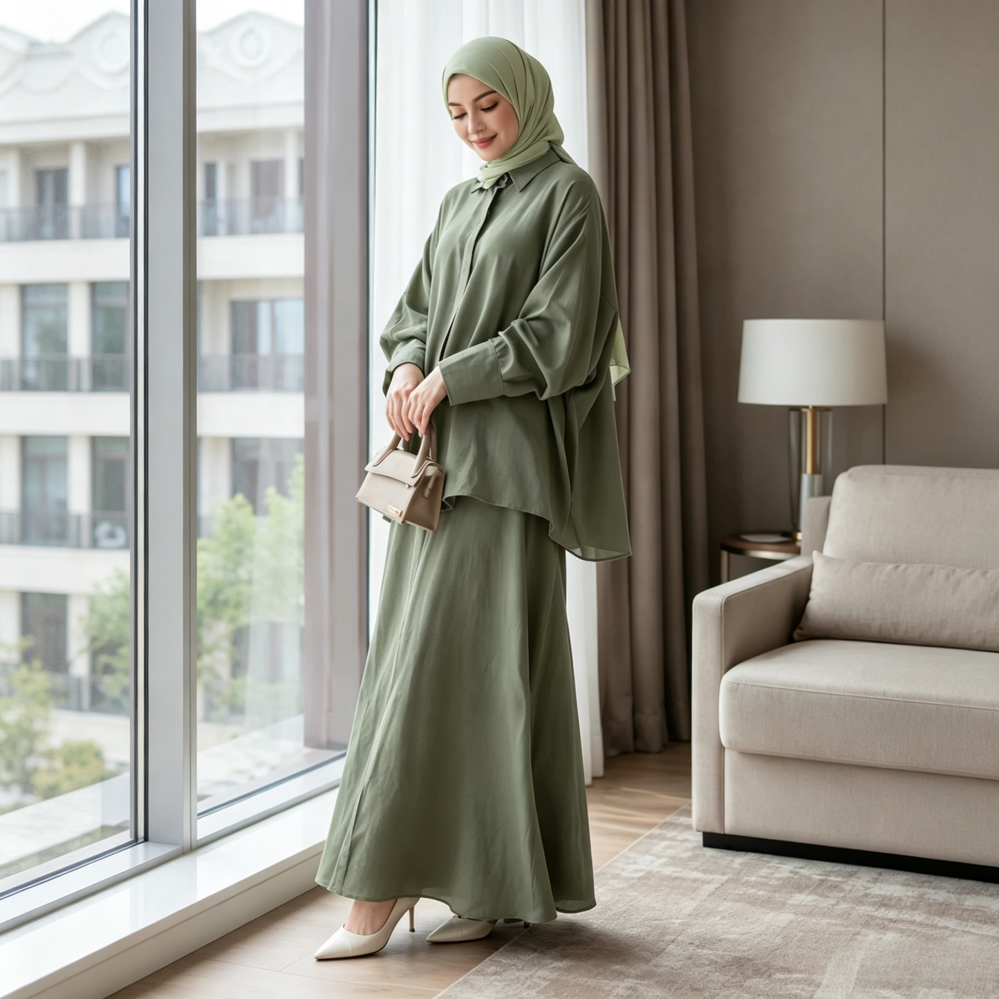 Cotton Retro Lapel Cardigan & Long Skirt Set - Modest 2-Piece Outfit