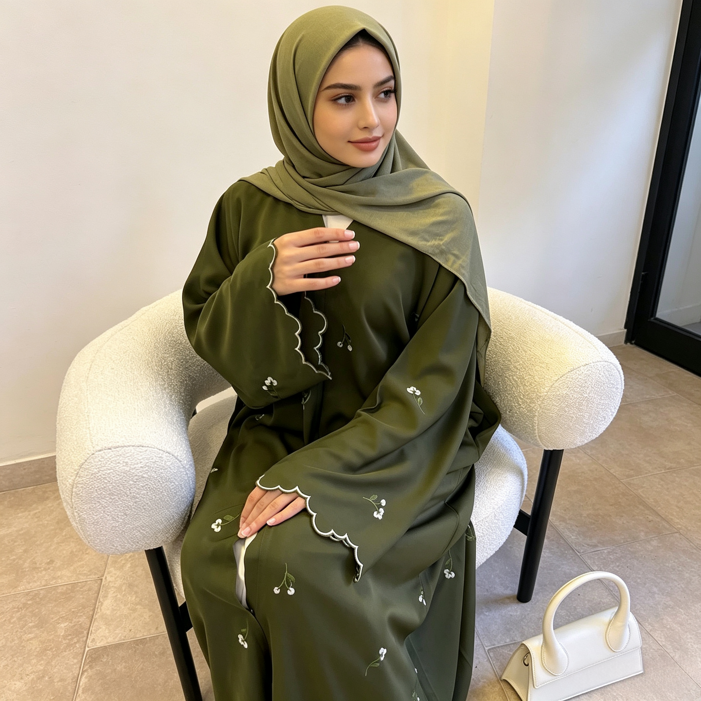 Floral Embroidery Cardigan with Hijab Set - 2 Piece Elegant Modest Outfit