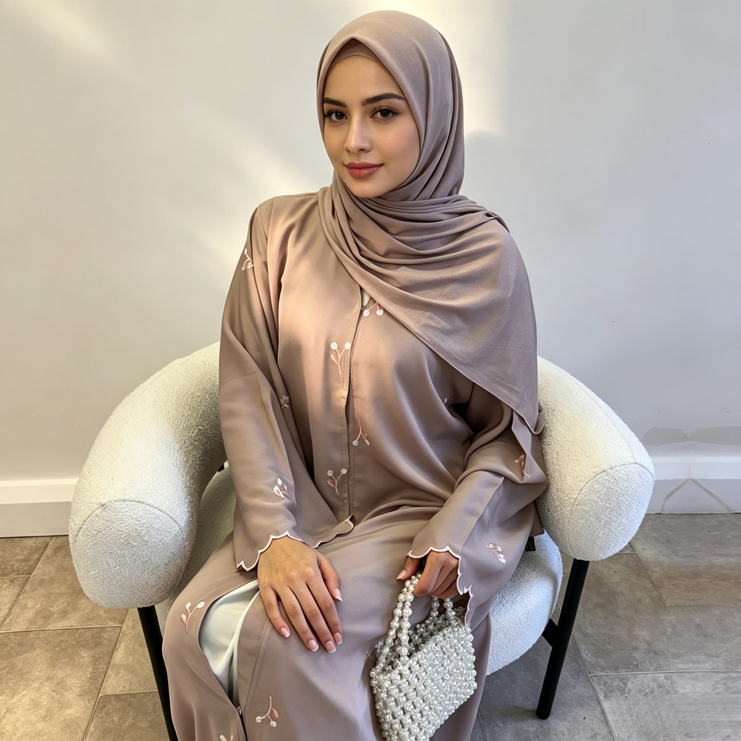 Floral Embroidery Cardigan with Hijab Set - 2 Piece Elegant Modest Outfit