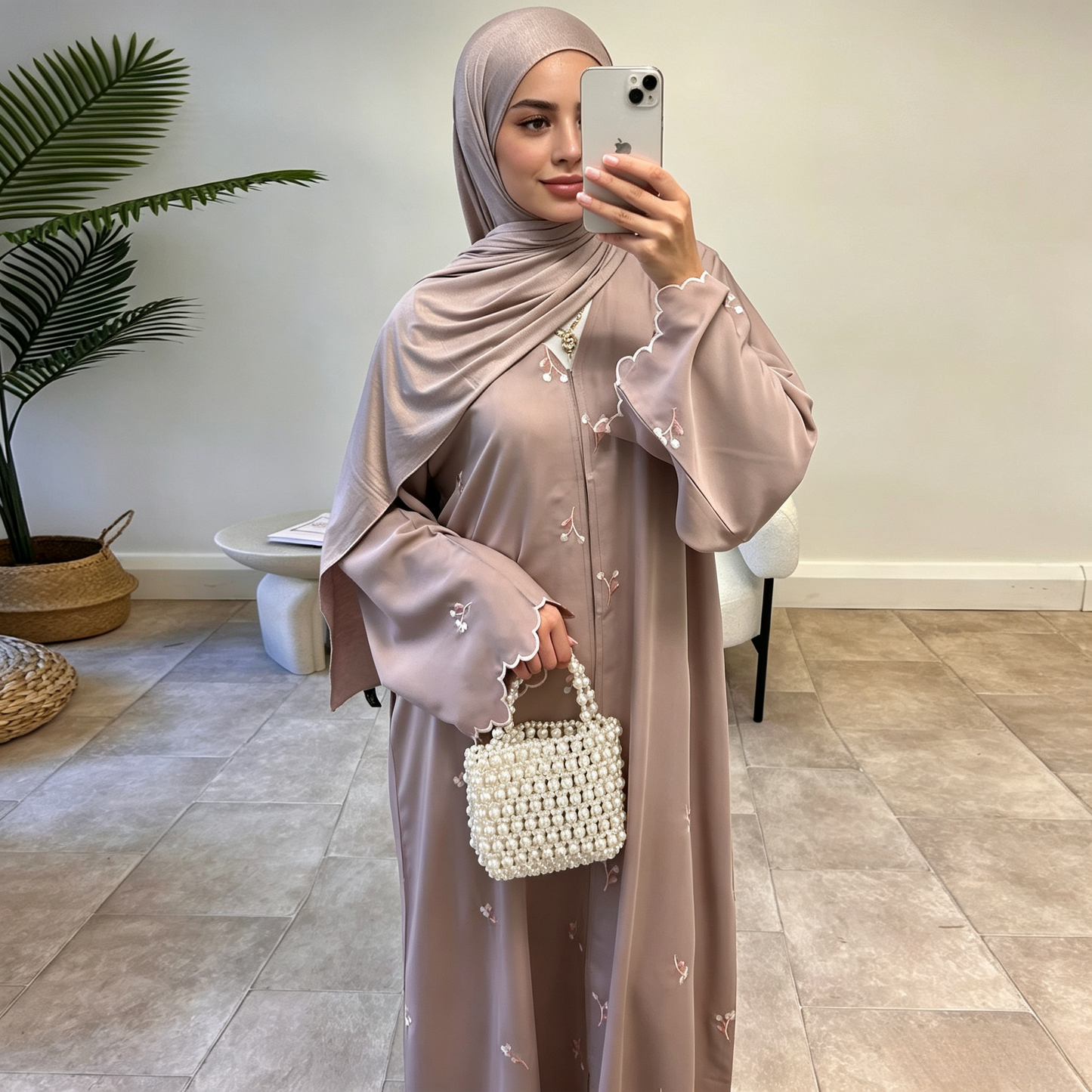 Floral Embroidery Cardigan with Hijab Set - 2 Piece Elegant Modest Outfit