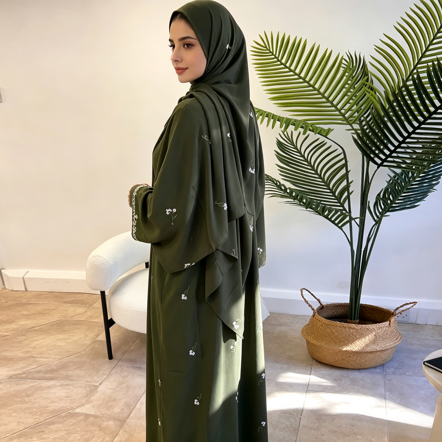 Floral Embroidery Cardigan with Hijab Set - 2 Piece Elegant Modest Outfit