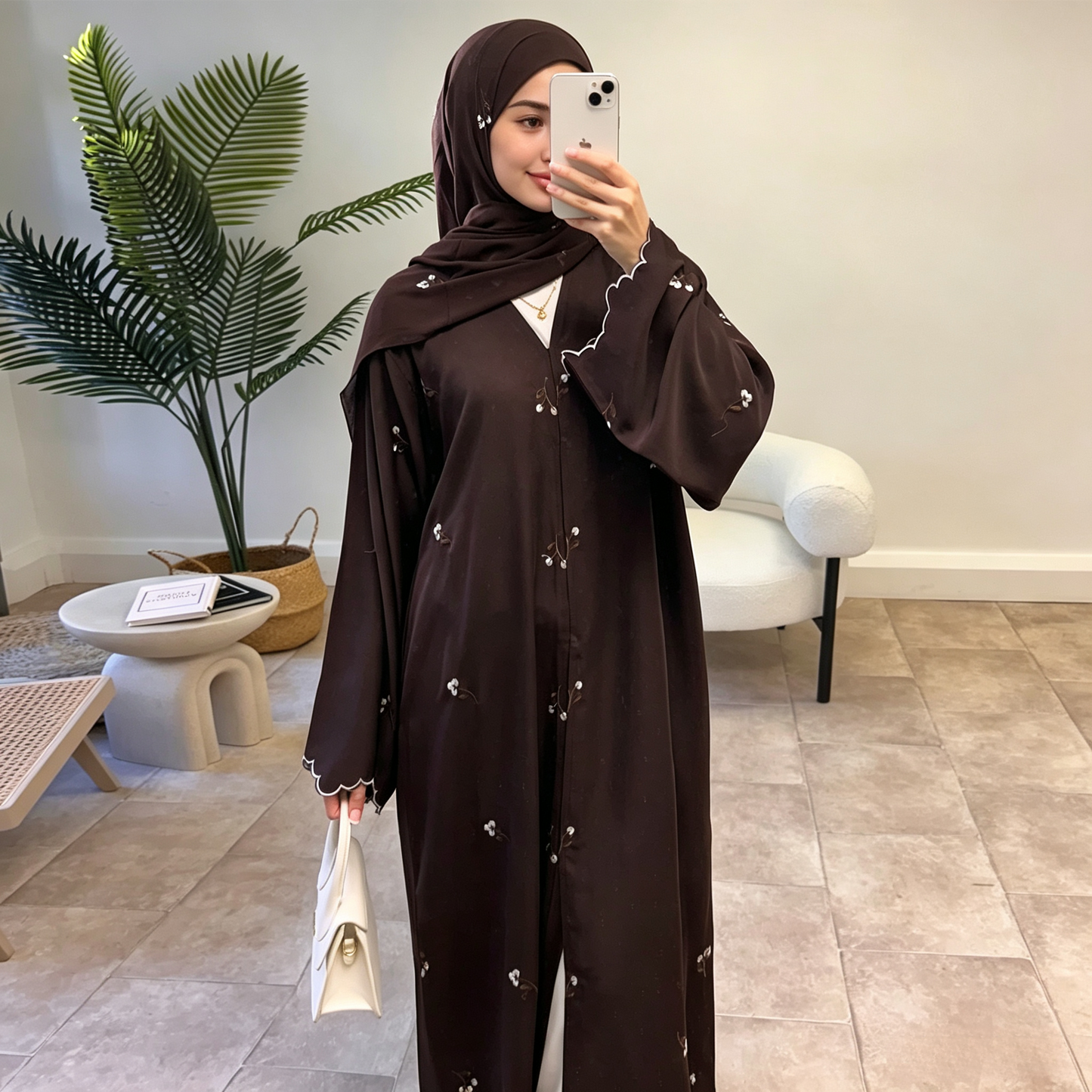 Floral Embroidery Cardigan with Hijab Set - 2 Piece Elegant Modest Outfit
