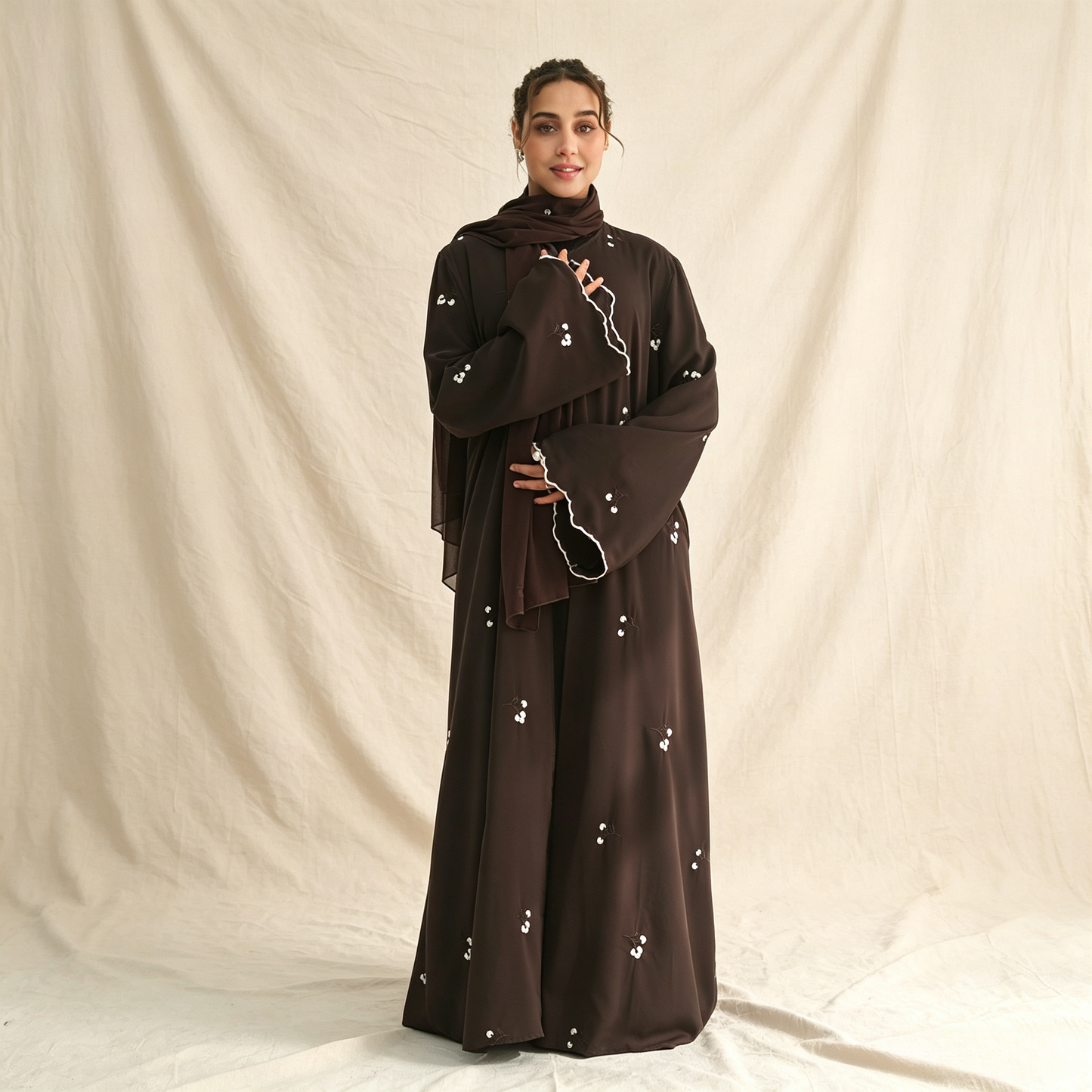 Floral Embroidery Cardigan with Hijab Set - 2 Piece Elegant Modest Outfit