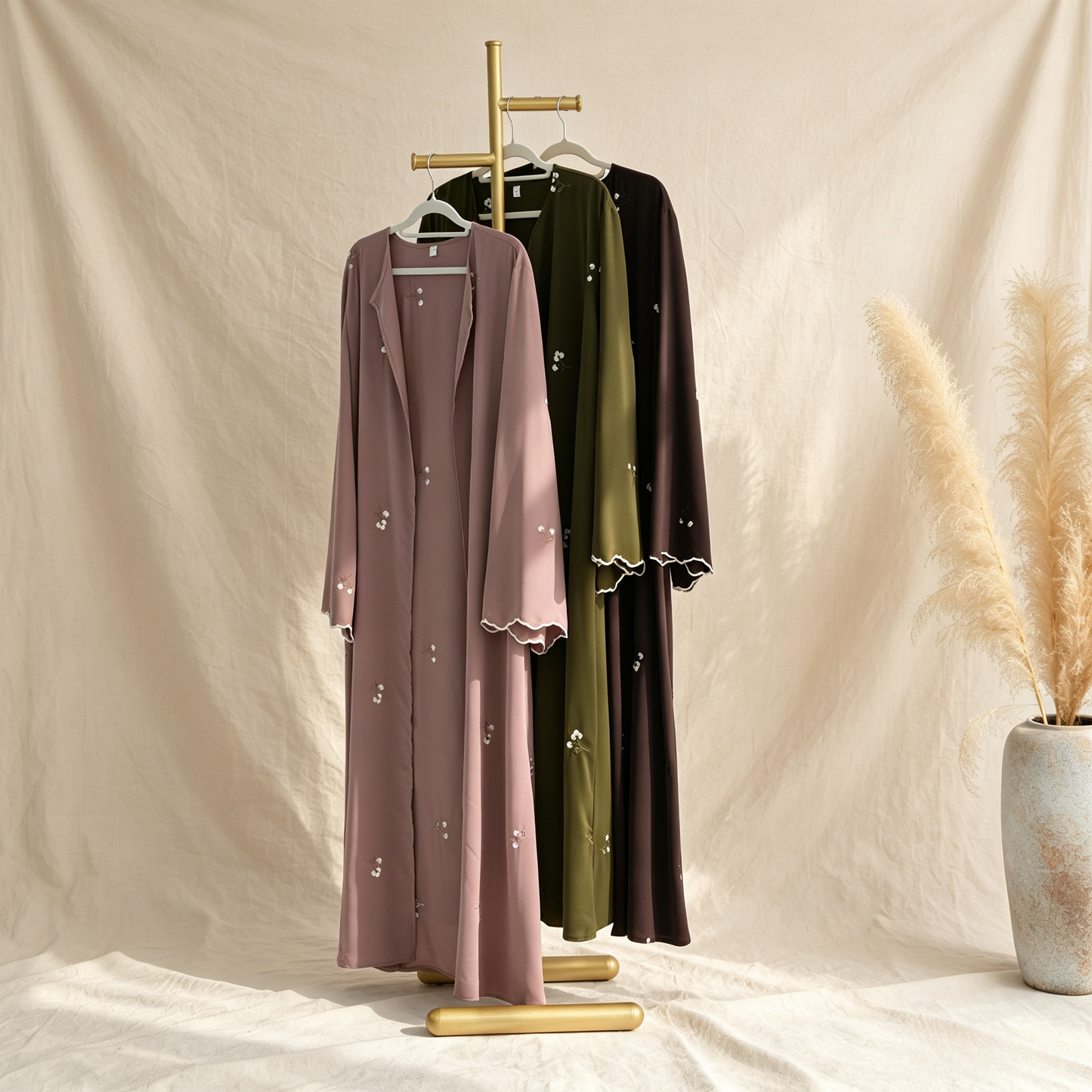 Floral Embroidery Cardigan with Hijab Set - 2 Piece Elegant Modest Outfit