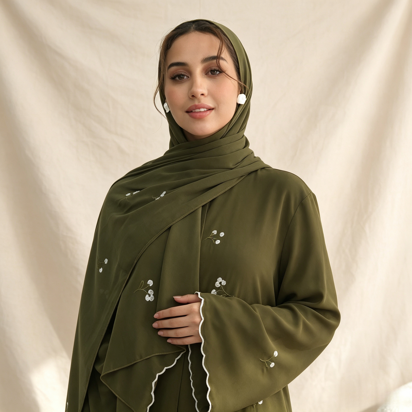 Floral Embroidery Cardigan with Hijab Set - 2 Piece Elegant Modest Outfit